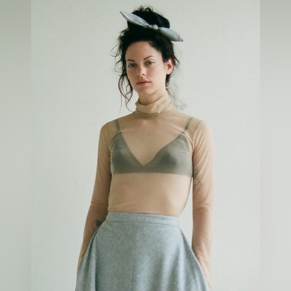 Eliza Faulkner Nude Mesh Turtleneck with Bell Sleeves